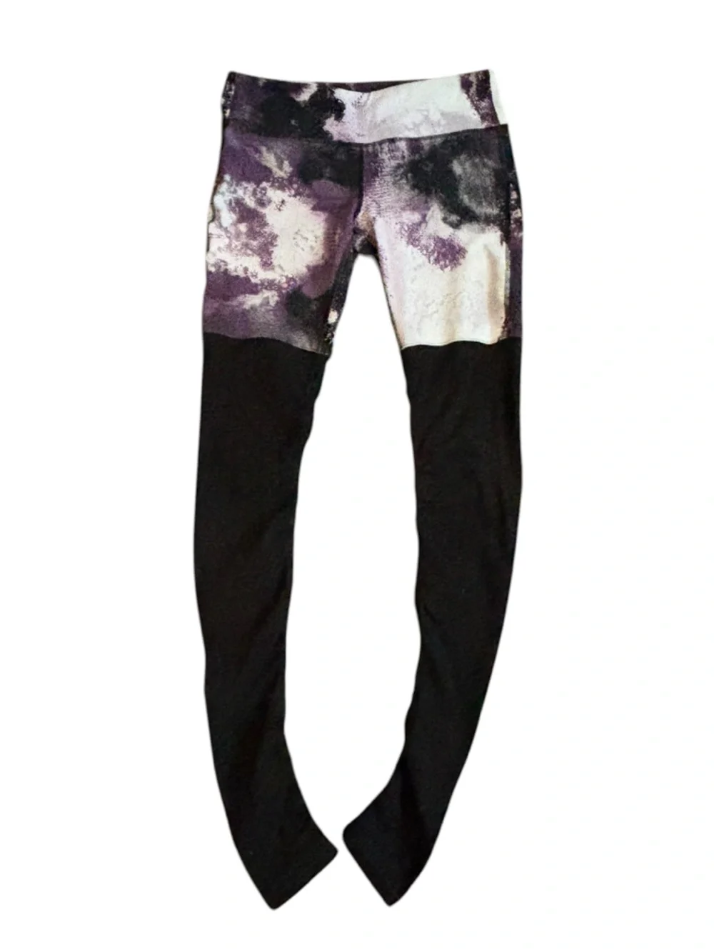 ALO Yoga Purple White Marble Print Goddess Leggings w Ribbed Black Trim, L